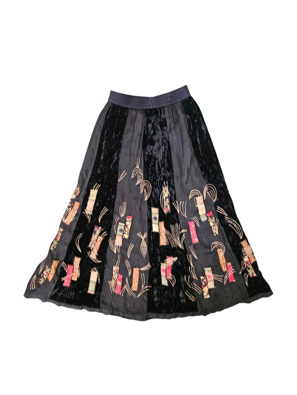 Vintage Black Rayon Whimsigoth Velvet Patchwork Flowy A-Line Midi Skirt S
